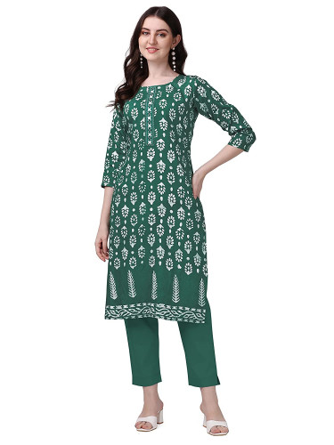 Keshu's Women Printed Silk Blend A-line Kurta (Large) Green